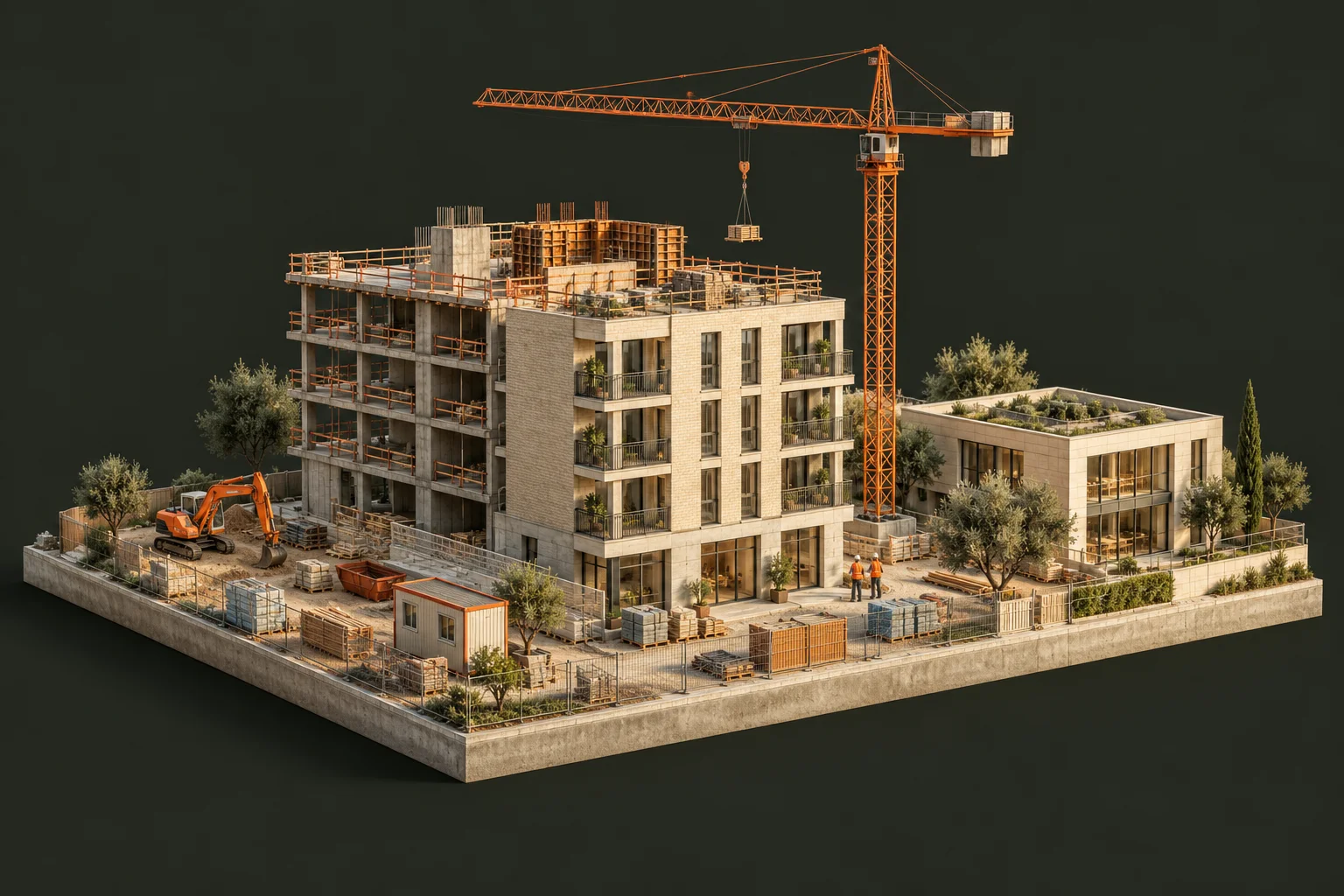 Maquette conceptuelle d’un ensemble immobilier en chantier, avec grue et bâtiment achevé